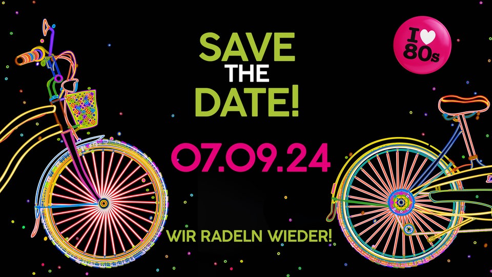Grafik zeigt 2 angeschnitte, bunte Retro-Fahrräder mit dem Text: Save the date! 7.9.24. Wir radeln wieder.