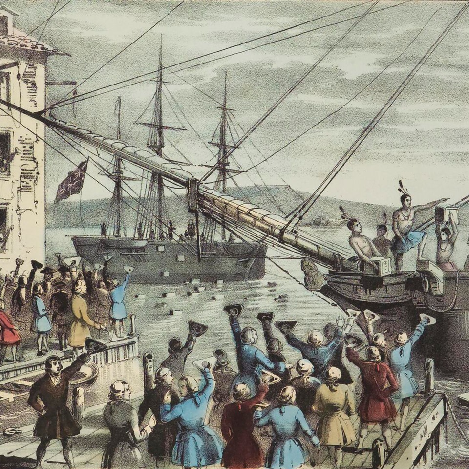 Die Lithographie aus dem Jahr 1846 zeigt den Widerstand der Bostoner Bürger gegen die britische Kolonialpolitik am 16.12.1773