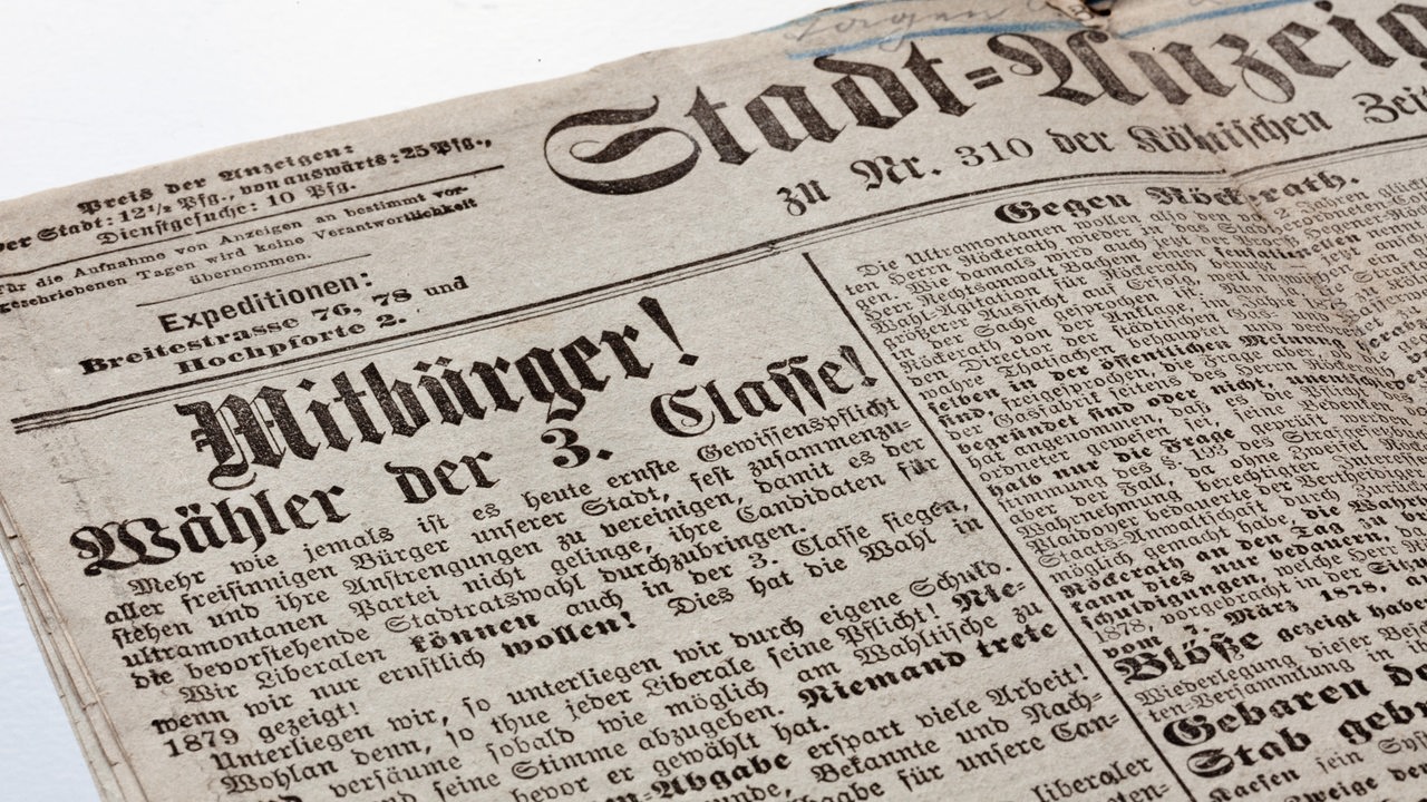 Die Titelseite der Kölnischen Zeitung/Stadt-Anzeiger vom 08.11.1881 mit der Überschrift: Mitbürger! Wähler 3. Classe!"