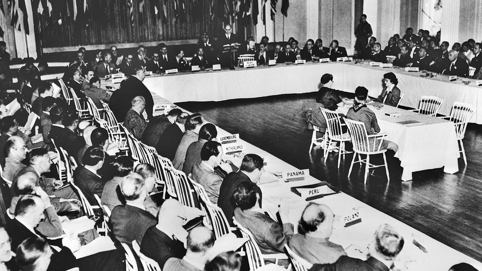 Die Bretton Woods Conference im Mount Washington Hotel, Juli 1944: Hier wurde die u.a. Gründung des Internationalen Währungsfonds (IWF) beschlossen. 
