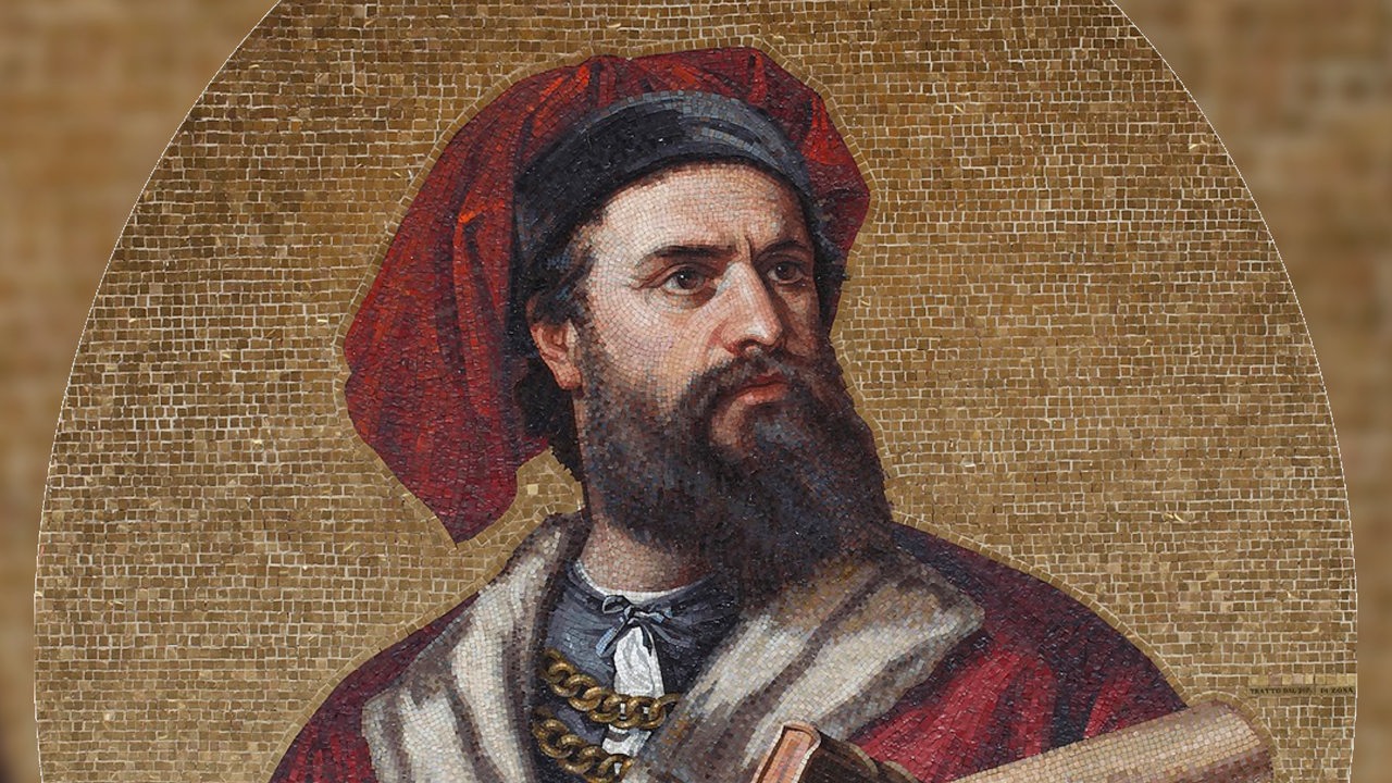 Marco Polo auf einem Mosaik im Palazzo Doria-Tursi aus dem 19. Jahrhundert