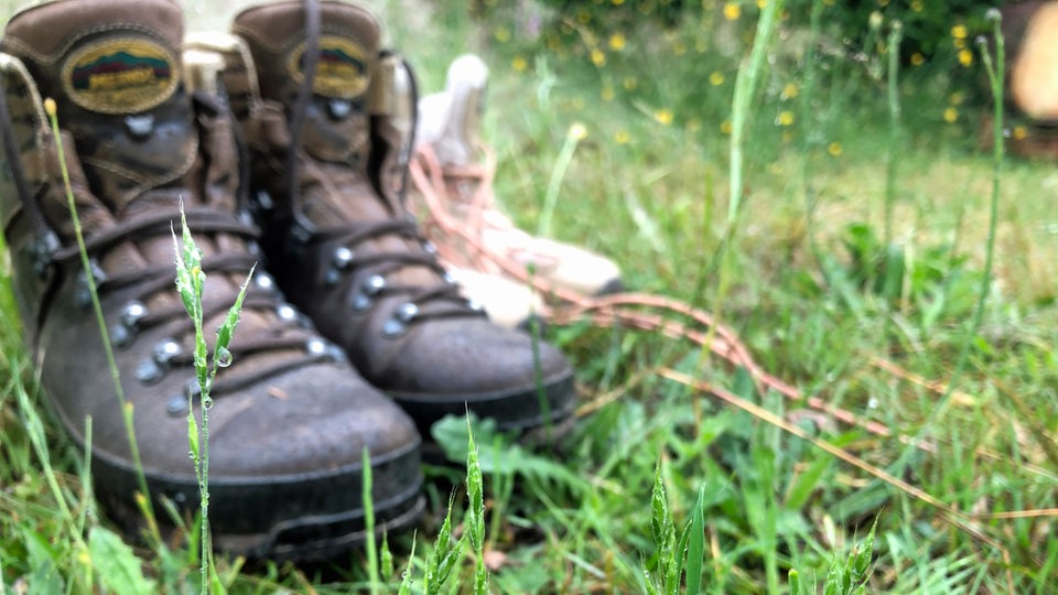 Wanderschuhe auf Wiese